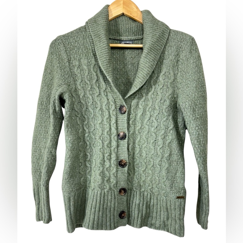 Eddie Bauer Cardigan Sweater Green Wool Blend Cable Knit Fisherman | Womens L